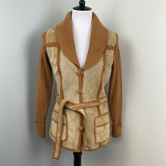 Vintage 70’s Suede Leather and Knit Patchwork Jacket Small - Picture 1 of 10